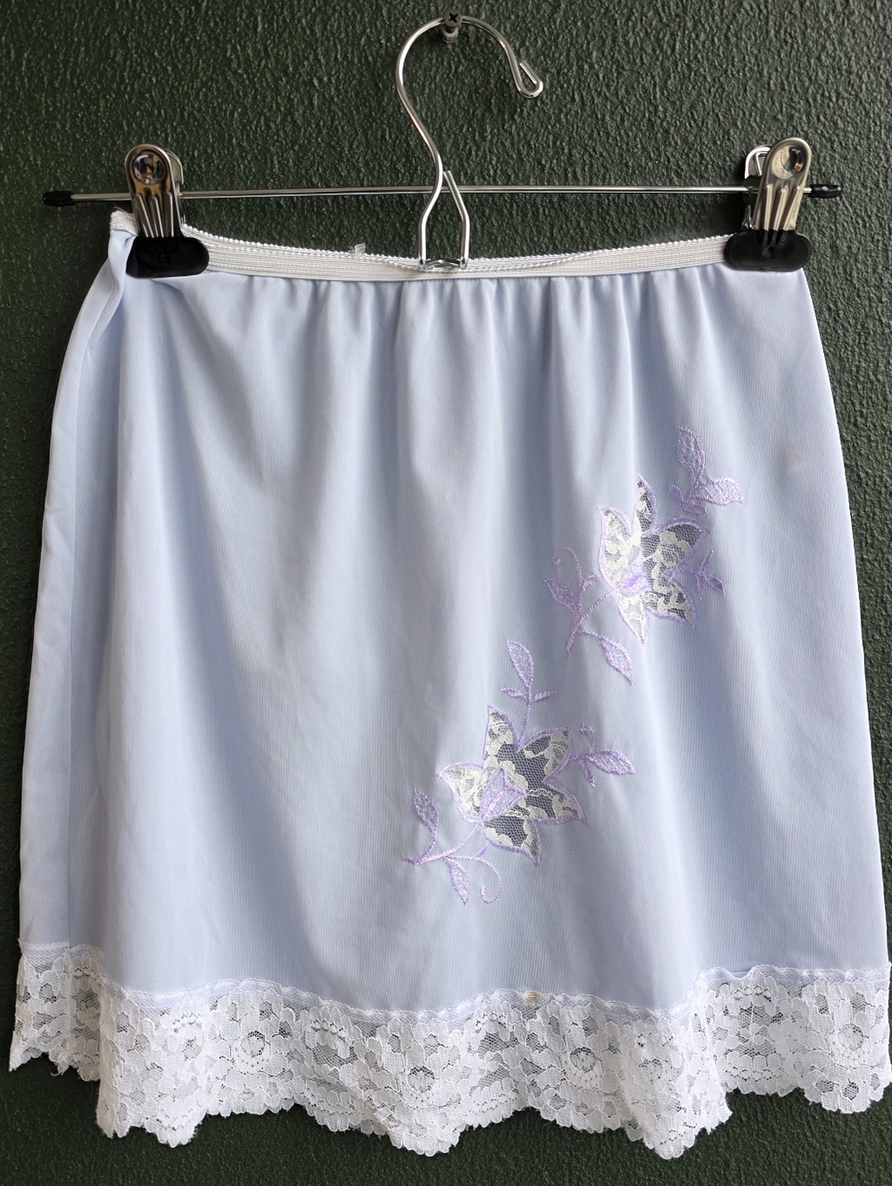 Vintage Lingerie with Floral Embroidery, Half Slip, Light Blue 1960s Sz XXS